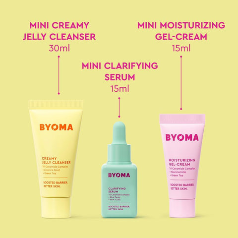 BYOMA So Clear Set - Barrier Repair Skincare Set for Acne Prone Skin (30ml, 15ml, 15ml) Creamy Jelly Cleanser, Clarifying Face Serum and Gel-Cream Moisturiser - Unclogs Pores, Targets Blemishes