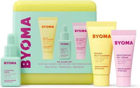 BYOMA So Clear Set - Barrier Repair Skincare Set for Acne Prone Skin (30ml, 15ml, 15ml) Creamy Jelly Cleanser, Clarifying Face Serum and Gel-Cream Moisturiser - Unclogs Pores, Targets Blemishes