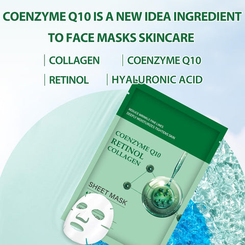 Pack of 10 Collagen Mask Face Masks Skincare, Coenzyme Q10 Retinol Collagen Facial Masks Skincare, Hydrating Face Beauty Care Masks for Deep Moisturizing