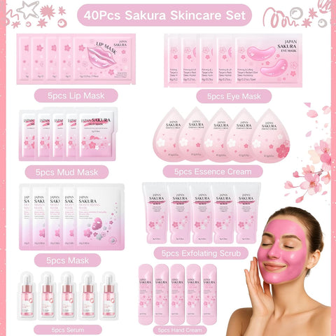 40PCS Pamper Gifts for Women - Girlsfriend Gifts - Skincare Set with Face Mask,Lip Mask,Eye Masks,Face Serum,Face Cream,Hand Cream,Exfoliating Scrub Hydrating & Nourishing Skin Care Gift Set (Sakura)