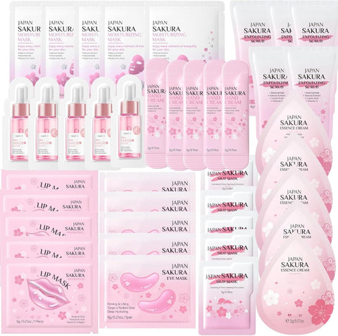 40PCS Pamper Gifts for Women - Girlsfriend Gifts - Skincare Set with Face Mask,Lip Mask,Eye Masks,Face Serum,Face Cream,Hand Cream,Exfoliating Scrub Hydrating & Nourishing Skin Care Gift Set (Sakura)