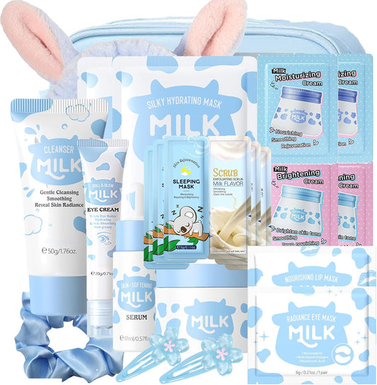 Milk Skin Care Sets & Kits - Teenage Girls Gifts - Milk Skincare Set for Teen Skincare - Gifts For Women - Travel Skincare Set Daily Face Care - Deep Hydrating Smoothing 23PCS