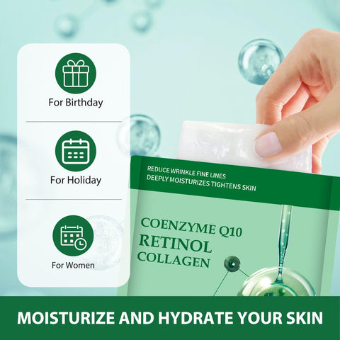 Pack of 10 Collagen Mask Face Masks Skincare, Coenzyme Q10 Retinol Collagen Facial Masks Skincare, Hydrating Face Beauty Care Masks for Deep Moisturizing