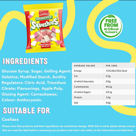 Squashies Sweets, Drumstick Squashies Original Sweets - Raspberry and Milk Flavour- Single Pack 140g