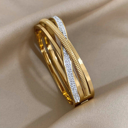 Unique Cross Stainless Steel Bracelet Women's Rhinestone Cuff Bangle Layered Thread Bracelets Vintage Party Jewelry Accessories