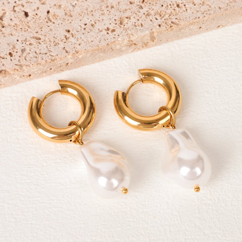 LAVK Hoop Earrings Water Droplet Baroque Imitation Pearl Stainless Steel Golden Circular Earrings Women's Vintage Jewelry