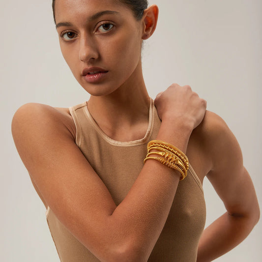 Uworld 18k Gold Plated Stainless Steel Double Ball Spiral Twist Open Bracelet Minimalist Texture Charm Jewelry pulsera hombre