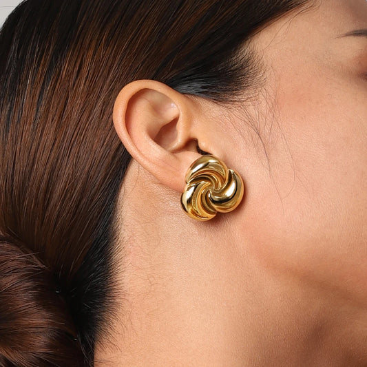 Uworld Minimalist Stainless Steel Rotating Threaded Metal Stud Earrings Waterproof Hypoallergenic 18K Gold Plated Textured Jewel