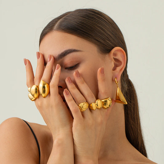 Uworld Big High Quliaty 316 Stainless Steel Geometric Statement Ring Women Personalized Texture Golden Waterproof Stylish Jewelr