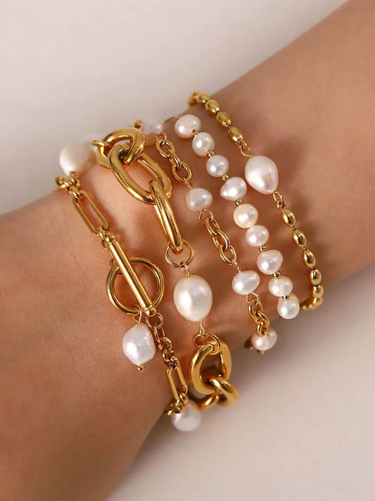 Uworld Elegant Natural Pearl 18K PVD gold plated Chain Bracelet  361L Stainless Steel Waterproof Jewelry Women Gift bijoux femme