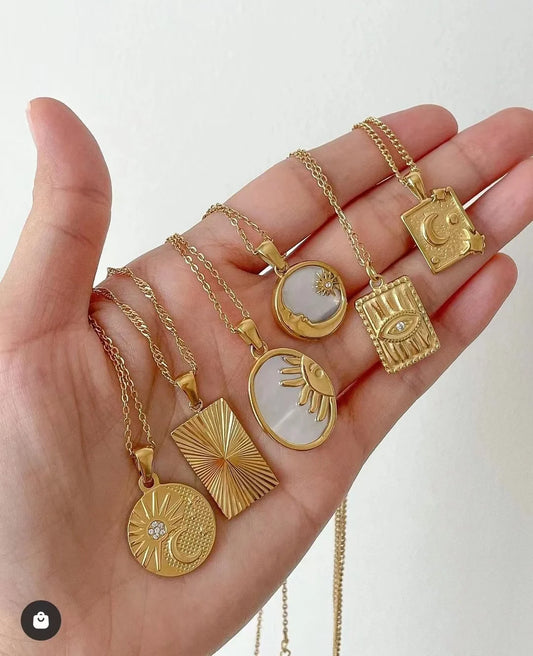 Uworld Star Moon Shell Round Turkish Eye Square Pendant Chain Stainless Steel Fashion Necklace for Women Charm Trendy Jewelry