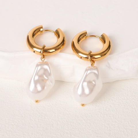 LAVK Hoop Earrings Water Droplet Baroque Imitation Pearl Stainless Steel Golden Circular Earrings Women's Vintage Jewelry