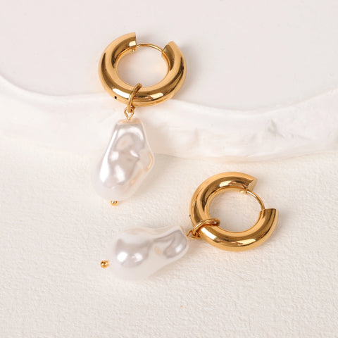 LAVK Hoop Earrings Water Droplet Baroque Imitation Pearl Stainless Steel Golden Circular Earrings Women's Vintage Jewelry