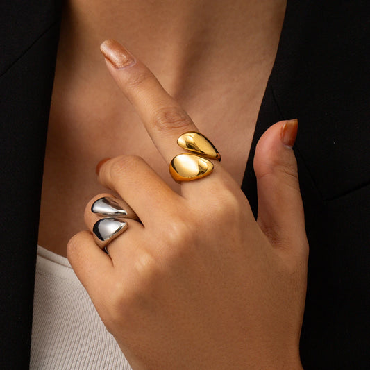 Uworld Stainless Steel Glossy Asymmetric Open Ring Ring Statement Metalic Texture 18 K Women Ring Accessories Party Gift New