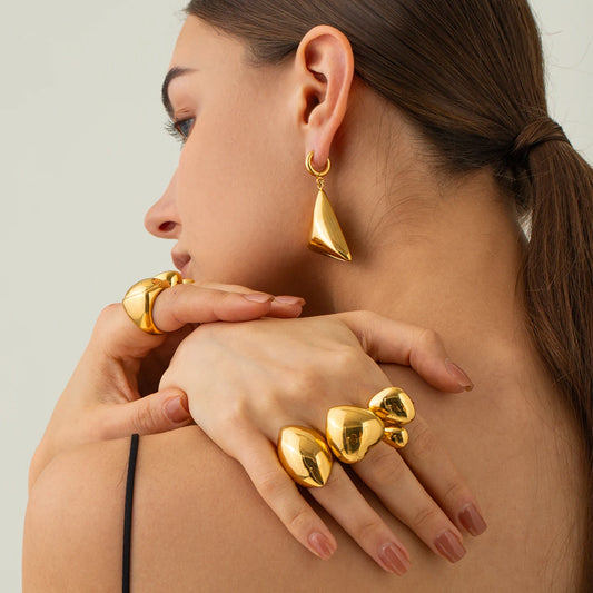 Uworld Big High Quliaty 316 Stainless Steel Geometric Statement Ring Women Personalized Texture Golden Waterproof Stylish Jewelr