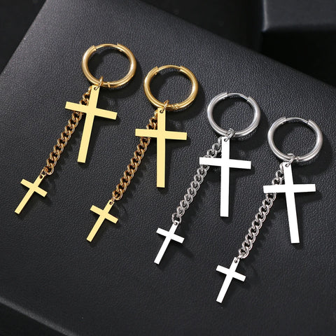 Stainless Steel Earrings Fashion Punk Hip Hop Gothic Unisex Two Cross Chain Pendants Gold Color Earrings For Women Jewelry Gifts