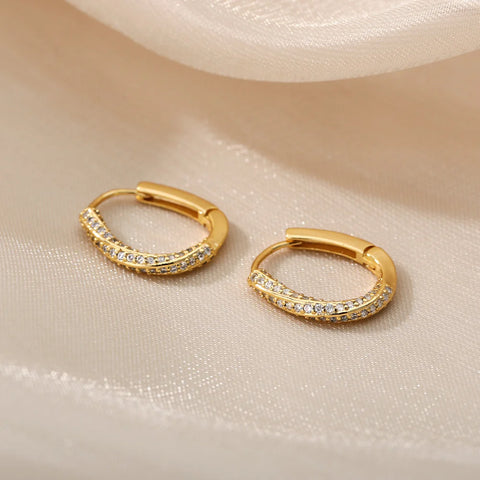 Luxruy Zircon Hoop Earrings For Women Stainless Steel Gold Color Round Hoops Earrings 2024 Trend Wedding Jewelry Freeshipping