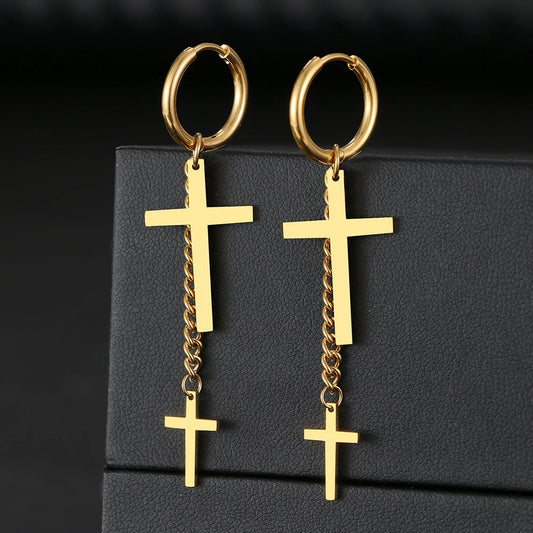 Stainless Steel Earrings Fashion Punk Hip Hop Gothic Unisex Two Cross Chain Pendants Gold Color Earrings For Women Jewelry Gifts