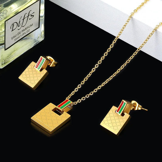 Christmas Fashion Female Woman Jewelry Set Gold Color Square Pendant Necklace Charm Green & Red Bar Stud Earrings Jewelry Gift