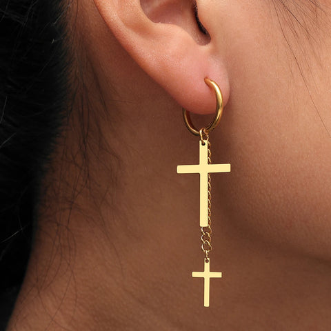 Stainless Steel Earrings Fashion Punk Hip Hop Gothic Unisex Two Cross Chain Pendants Gold Color Earrings For Women Jewelry Gifts