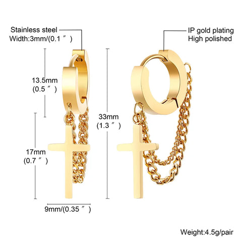 Stainless Steel Cross Double Chain Huggie Hoops Earring Pair for Men Women Earrings