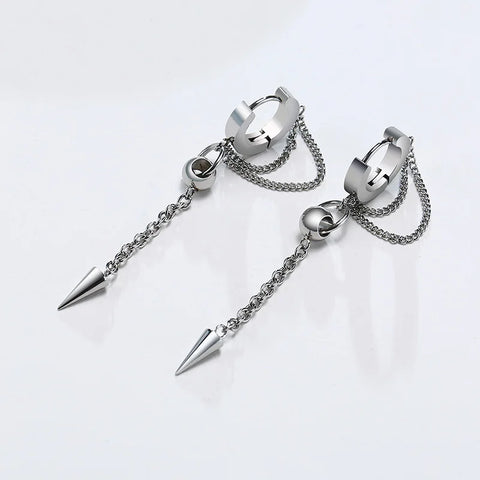 Triangle Cone Spike Long Chain Earring Stainless Steel Double Connected Chains Huggie Hoops Earring Mens Jewelry