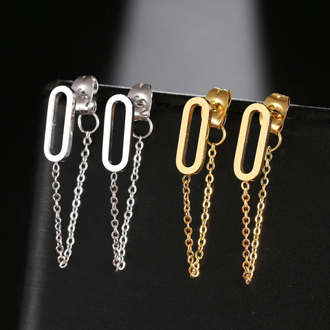 Stainless Steel Earrings 2022 Trend Classic Style Hollow Rounded Rectangle Fashion Tassel Chain Earrings For Women Jewelry Gifts