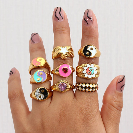 Water Resistant Stainless Steel Ring Flower Yingyang Grid Heart Star Alien Colorful Enamel Stone Rings For Womem Gold Ring
