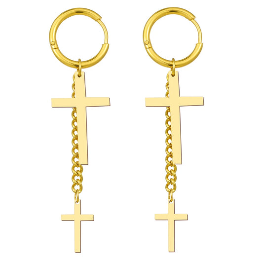 Stainless Steel Earrings Fashion Punk Hip Hop Gothic Unisex Two Cross Chain Pendants Gold Color Earrings For Women Jewelry Gifts