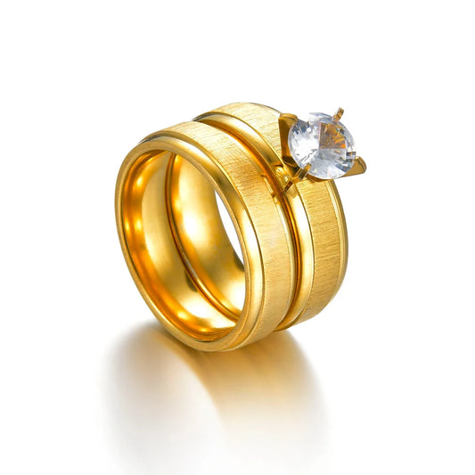 Stainless Steel Wedding Ring For Couples Gold Color Crystal Lovers Rings Set Men Women Engagement Wedding Rings Anillos Mujer