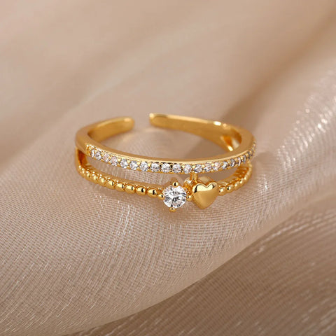 Fashion Zircon Heart Rings For Women Stainless Steel Gold Color Open Adjustable Double Stackable Ring Wedding Bride Jewelry