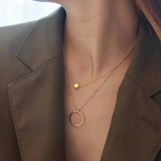 Women Fashion Circle Pendant Necklace 2 Layers Stainless Steel Chain Gold Plated Elegant Clavicle Sweater Necklaces Jewelry