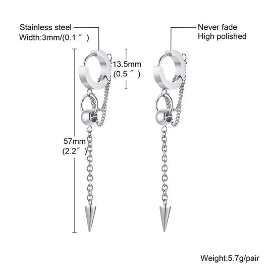 Triangle Cone Spike Long Chain Earring Stainless Steel Double Connected Chains Huggie Hoops Earring Mens Jewelry