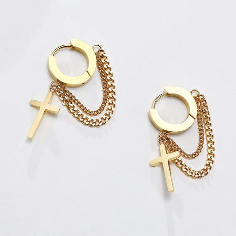 Stainless Steel Cross Double Chain Huggie Hoops Earring Pair for Men Women Earrings