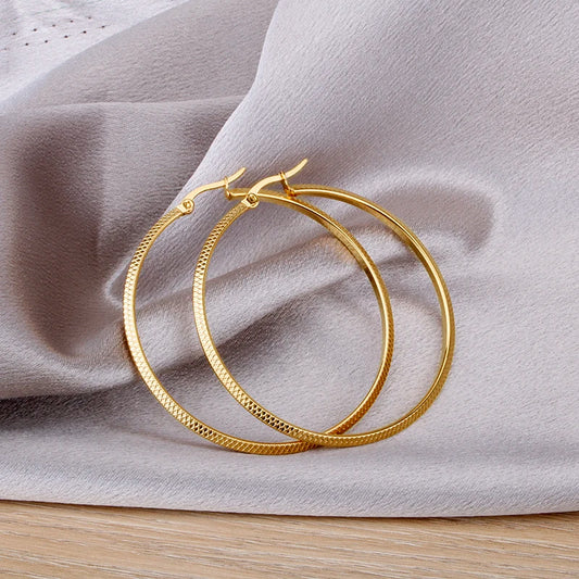 Stainless Steel Big Hoop Earring for Women Gold Color 50mm Fish-scale Pattern Circle Round  Ladies  Hoops New Jewelry  2021