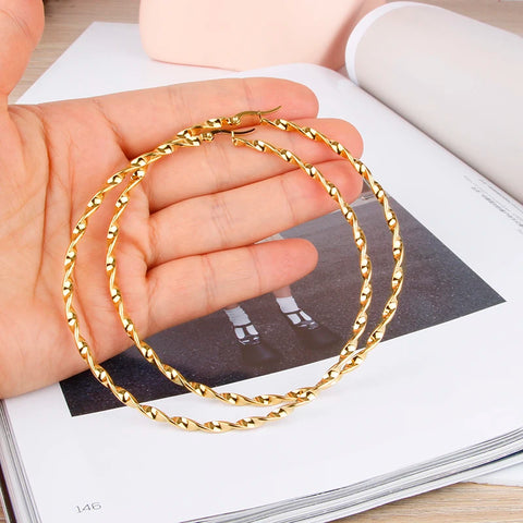 Hgfly Gold Color Stainless Steel Large  Hoop Earring for Women Thread Wholesale Ear Accessories  Fashion  Jewelry Hot E0153