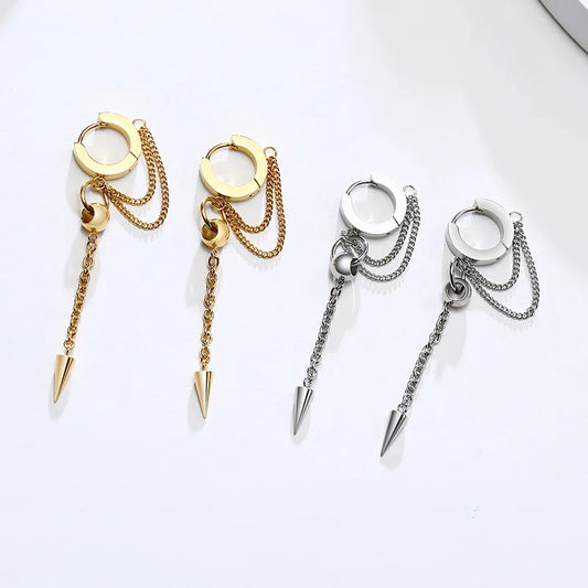 Triangle Cone Spike Long Chain Earring Stainless Steel Double Connected Chains Huggie Hoops Earring Mens Jewelry