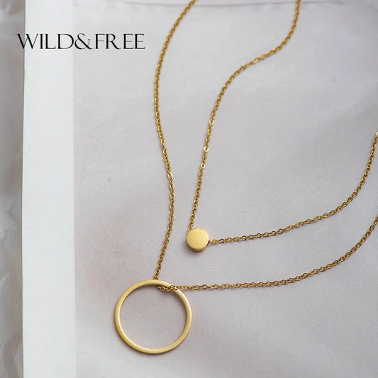 Women Fashion Circle Pendant Necklace 2 Layers Stainless Steel Chain Gold Plated Elegant Clavicle Sweater Necklaces Jewelry