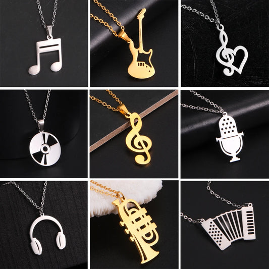 Skyrim Music Note Guitar Pendant Necklace for Women Men Stainless Steel Gold Color Microphone Accordion Neck Chain Jewelry Gift