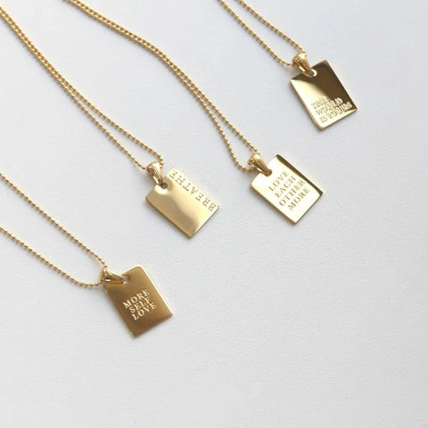 Vintage Couple Jewelry Motto Engraved Square Pendant Pure 18k Gold Plated Necklaces for Women Stainless Steel Men's Chain Beads