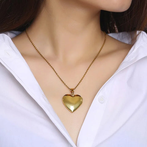 Vnox Light Heart Locket Pendants for Women Men Openable Photo Frame Glossy Stainless Steel Necklaces Family Love Collar