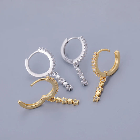 Vintage Light Luxury Stainless Steel Earrings Zircon Star Connected Pendant Hoop Earrings For Women Sweet Party Wedding Jewelry