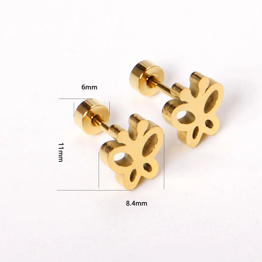 Butterfly Fashion Stainless Steel Gold Color Earrings for Women Girl Screw Type 12 Pairs/Lot Tiny Stud Earring Party Gift