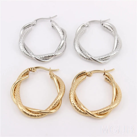 New gold color Stainless steel Hoop earring twisted wire 2 colors 4 styles Not fade waterproof Hand polished LH942