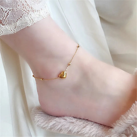 2023 New Classic Heart-Shaped Gold color Stainless Steel Anklets For Woman Korean Fashion Jewelry Beach Party Girl's Sexy Access