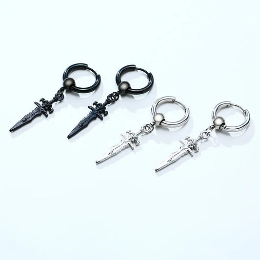 SINGLE SILVER COLOR DAGGER EARRING MEN STAINLESS STEEL SWORD HUGGIE HOOPS EARRINGS COOL FASHION ROCK TATTOO MEN JEWELRY