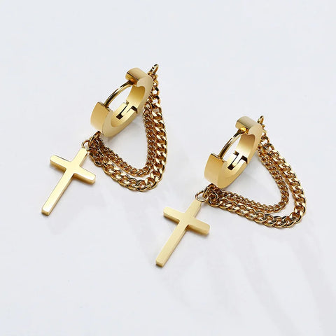 Stainless Steel Cross Double Chain Huggie Hoops Earring Pair for Men Women Earrings