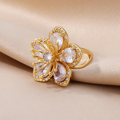 Delicate Pink Zircon Flower Rings for Women Gold Color Stainless Steel Ring 2024 Trend Elegant Luxury Aesthetic Jewelry anillos