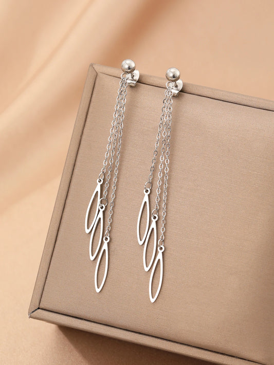 Stainless Steel Earrings Geometric Hollowing Pendant Long Tassel Chain Korean Fashion Dangle Earrings For Women Jewelry Party