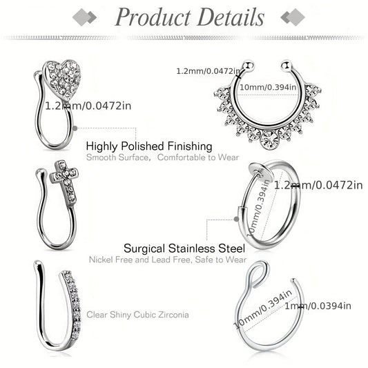 3-6PCS Rhinestone Horseshoe U Shaped Faux Nose Clip,Stainless Steel Fake Hoop Nose Ring,  Non Piercing Nose Jewelry